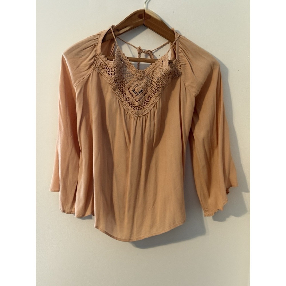 VENUS Women's Peach Crochet Accent Tie Neck 3/4 Sleeve Tunic Blouse L Boho